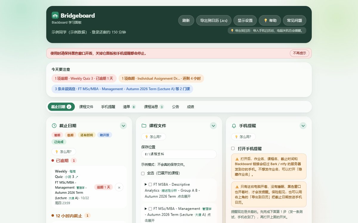 Bridgeboard 示例数据截图：一个页面看全：今天要注意的事、截止日期、课程文件、手机提醒
